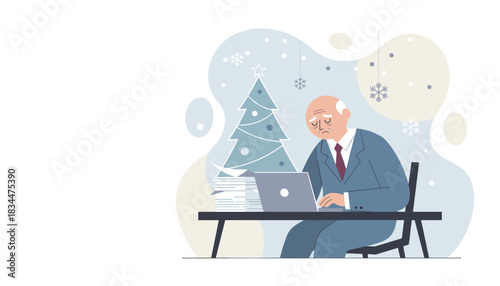 Elderly man working on a laptop near a Christmas tree Holiday work stress and burnout concept