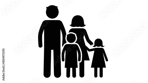 A simple black silhouette icon of a traditional family unit with two parents and two children.