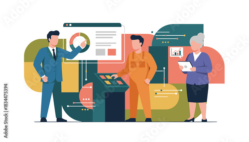 Business team analyzing data and controlling industrial production processes Vector illustration