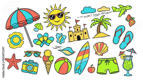 A vibrant collection of colorful summer vacation and beach-themed illustrations, perfect for travel and leisure.
