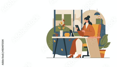 Woman working on mobile device in a cozy modern fall workspace focusing on business and technology