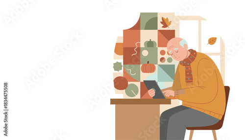 Elderly man uses tablet indoors during autumn Senior technology digital learning and lifestyle