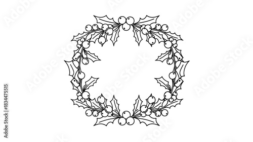 A black and white line art illustration of a festive Christmas wreath made from holly leaves and berries.