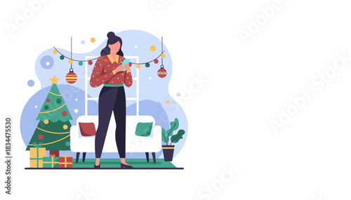 Woman checking smartphone in cozy living room with Christmas tree and gifts