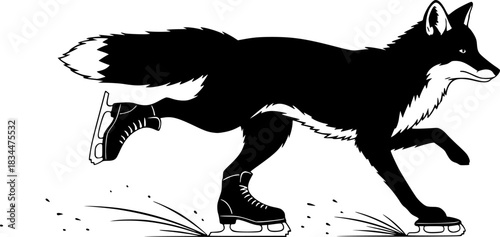 Black silhouette of a fox wearing ice skates and skating
