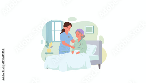 Nurse assists and comforts senior patient recovering in bed Medical care and emotional support