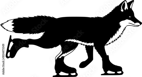 Black silhouette of a fox wearing ice skates and skating
