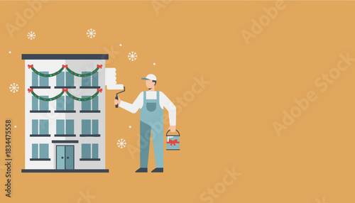 Illustration of a worker painting a commercial building decorated for Christmas