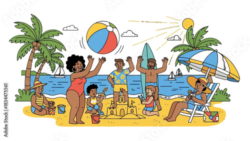 A diverse group of family and friends enjoy a sunny summer day at the beach with various activities.