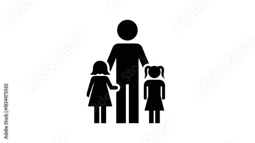 A black and white icon representing a father standing with his two young daughters.