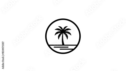 A minimalist black and white line art icon of a palm tree on an island inside a circle.