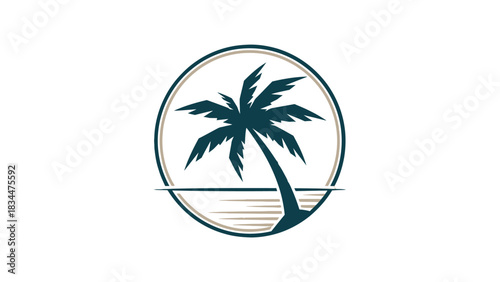 A stylized graphic of a single palm tree on a beach or island, enclosed within a circular frame, evoking a tropical vacation or resort theme.