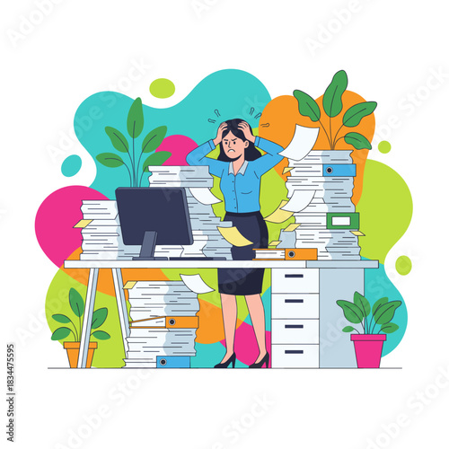 Stressed businesswoman overwhelmed by huge piles of office paperwork and bureaucracy