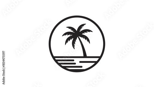 A minimalist logo featuring a palm tree on a beach, encapsulated within a circle, conveying a tropical or vacation theme.