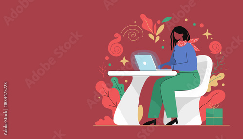 Digital workspace with festive decor Woman working remotely on a laptop during the holiday season