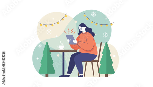 Woman frustrated by tablet error outdoors in winter cafe setting with coffee and lights