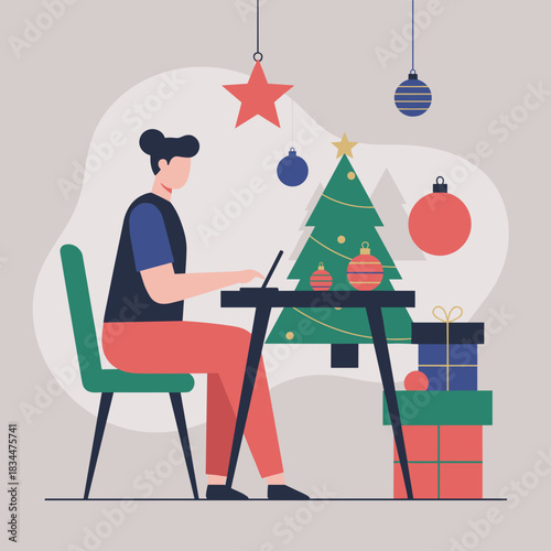 Working on laptop near a Christmas tree and gifts Holiday season remote work illustration