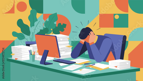 Stressed worker overwhelmed by huge workload and burnout at the office desk