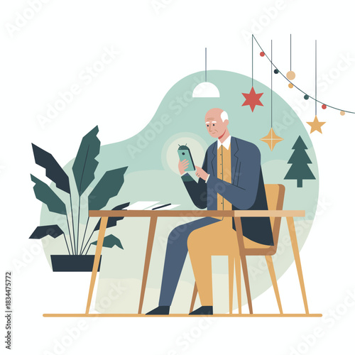 Senior man using a smartphone at a festive desk Modern elder embracing digital technology during the holidays