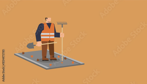 Laborer in safety gear holding a rake and shovel on an autumn job site Minimalist vector art