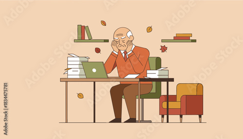 Overwhelmed senior man working late at home office desk dealing with heavy paperwork and stress