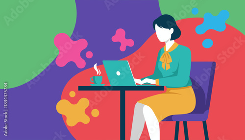 Woman remote working on laptop with coffee in a vibrant creative setting Flat design illustration