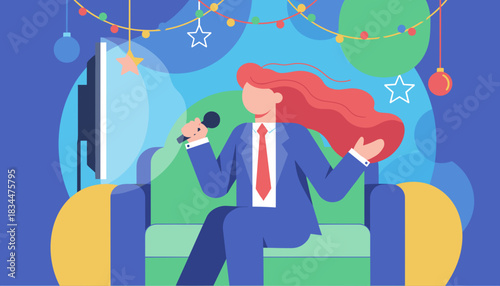 Professional woman sings karaoke online at a festive virtual holiday party flat illustration