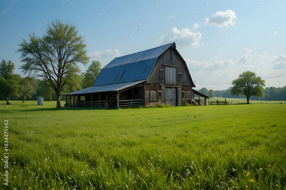Fototapeta premium Rustic wooden barn with metal roof sits in a vast green meadow under a clear blue sky