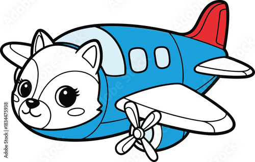 Cute cartoon fox airplane with big eyes and red tail