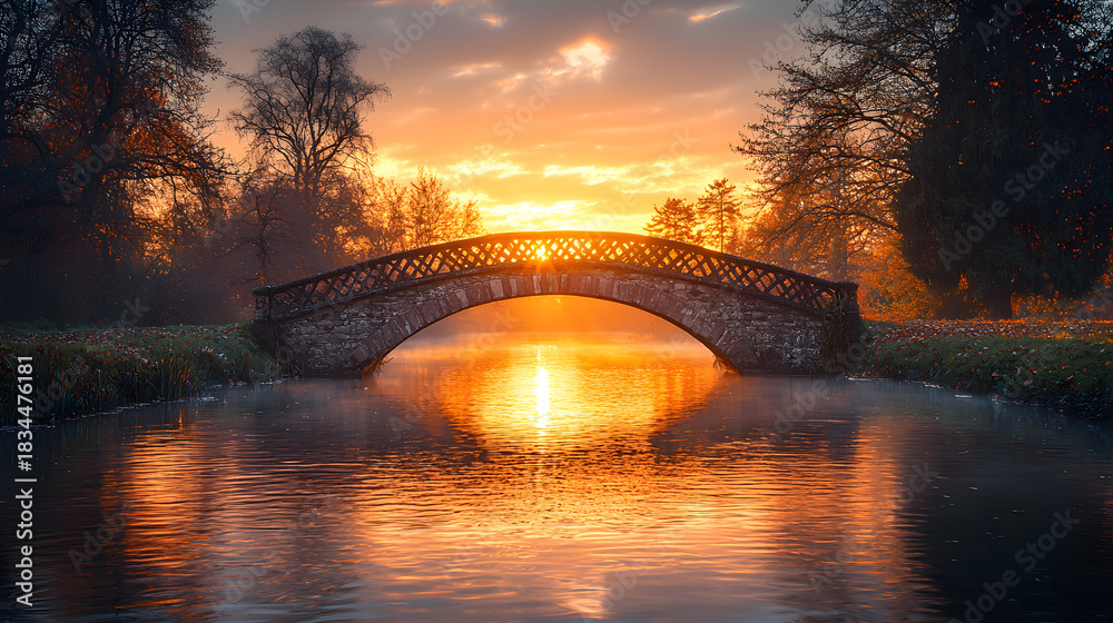 Obraz premium Serene stone bridge arches over tranquil water at sunrise, casting a golden glow on the misty landscape.