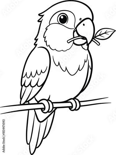 Cute cartoon parrot with a leaf in its beak perched on a branch