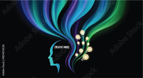 Silhouette of a head with colorful abstract light streams flowing outwards, symbolizing creative ideas and inspiration.
