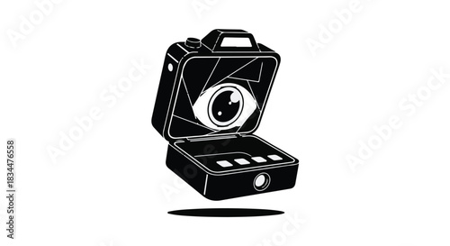 Surveillance camera disguised as a briefcase, symbolizing hidden observation and data collection.