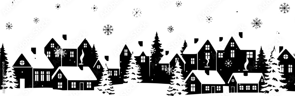 Fototapeta premium Whimsical winter village scene with snowflakes and decorative ribbons 