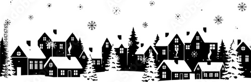 Whimsical winter village scene with snowflakes and decorative ribbons
