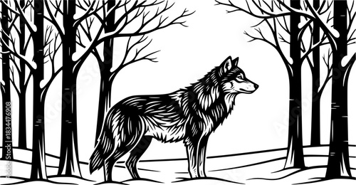 winter forest vector black and white wolf

