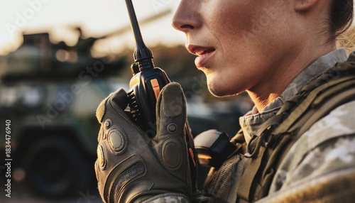 Close-up of a female soldier in camouflage uniform communicating via walkie-talkie with a military vehicle in the background.