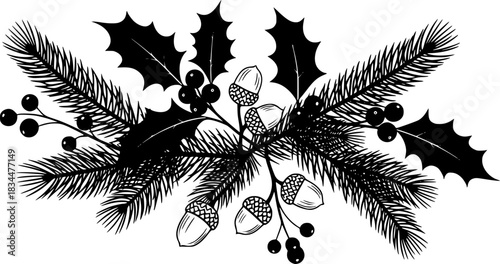 Pine branches holly leaves acorn and berries black silhouette vector illustration simple design

