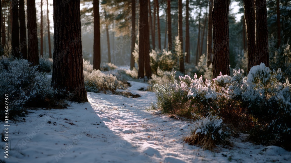 Fototapeta premium A frosted forest path glimmers under ethereal dawn light, whispering tales of Yule and celestial winter solstice rites