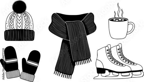 winter accessories set: hat, scarf, gloves, and more - flat design

