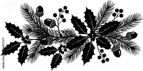 Pine branches holly leaves acorn and berries black silhouette vector illustration simple design
