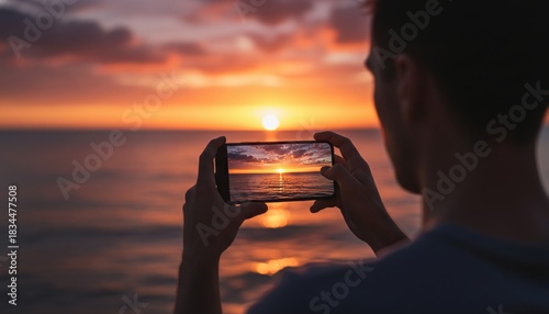 Man's hands holding a smartphone horizontally to photograph a vibrant orange sunset over the calm ocean with dramatic clouds, viewed from an over-the-shoulder perspective
