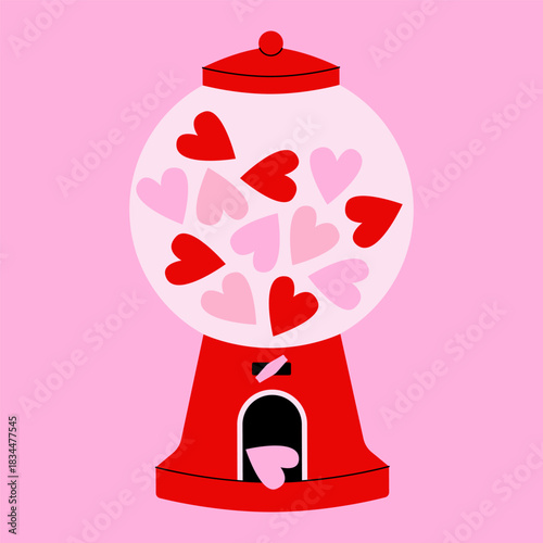 Gumball machine. Cute gum heart shape, vintage candy dispenser with colorful sweet balls, retro glass gum or toy vending machine for Valentines Day. Vector illustration