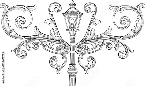 Ornate black and white drawing of an antique street lamp with decorative scrollwork