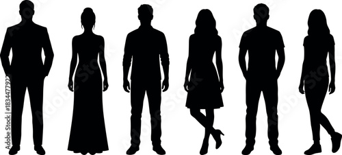 Silhouettes of diverse people in stylish poses, fashion and casual wear, standing side by side - flavector