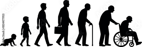 Silhouettes of human life stages, aging progression, from baby to elderly, walking, standing, wheelchair - flavector