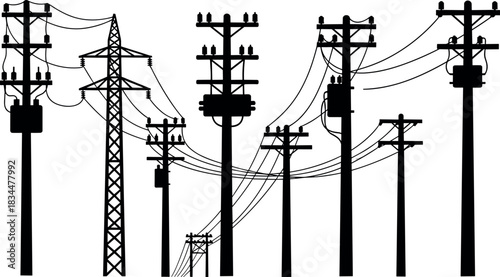WebSilhouettes of utility poles and transmission towers with transformers – flavector electrical infrastructure vector set