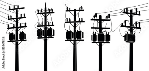 WebSilhouettes of utility poles with transformers and insulators – flavector infrastructure series for power distribution