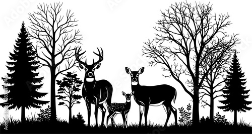 Silhouette of deer family with trees in a forest on a white background
