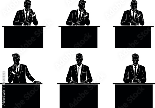 Six businessmen in silhouette seated at desks with varied postures and gestures – flavectorWeb
